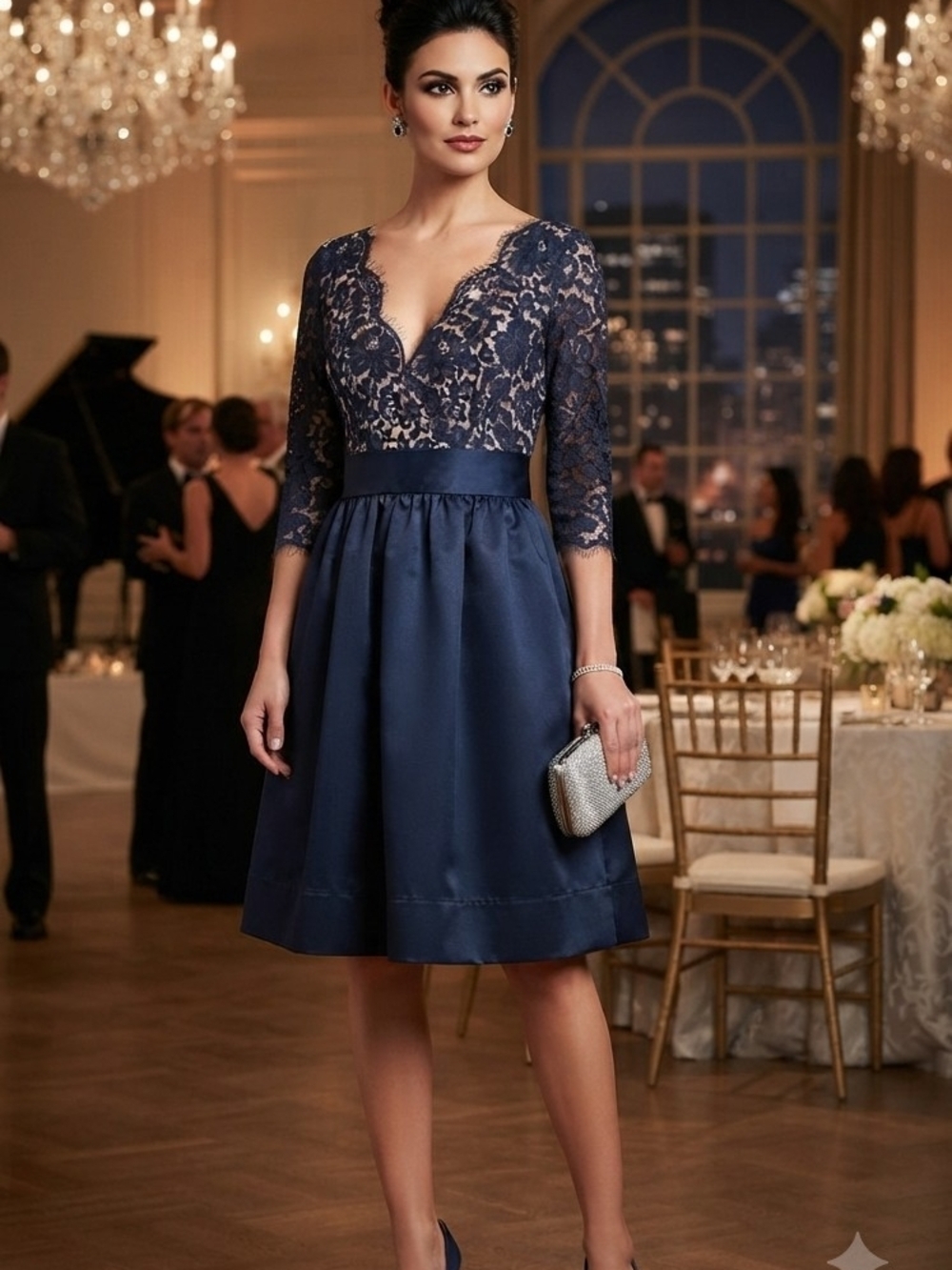 Eliza J Navy Lace V-Neck Cocktail Dress